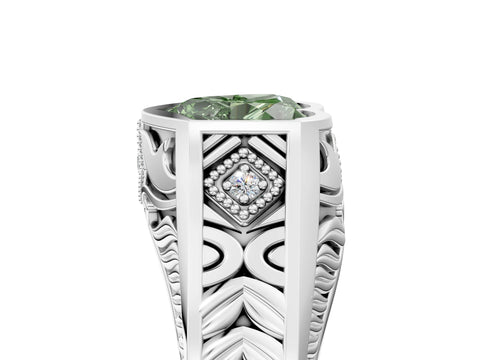 White gold Hexagonal Bezel Fancy Green Heart Cut Diamond Engraved Band Prong Ring_29