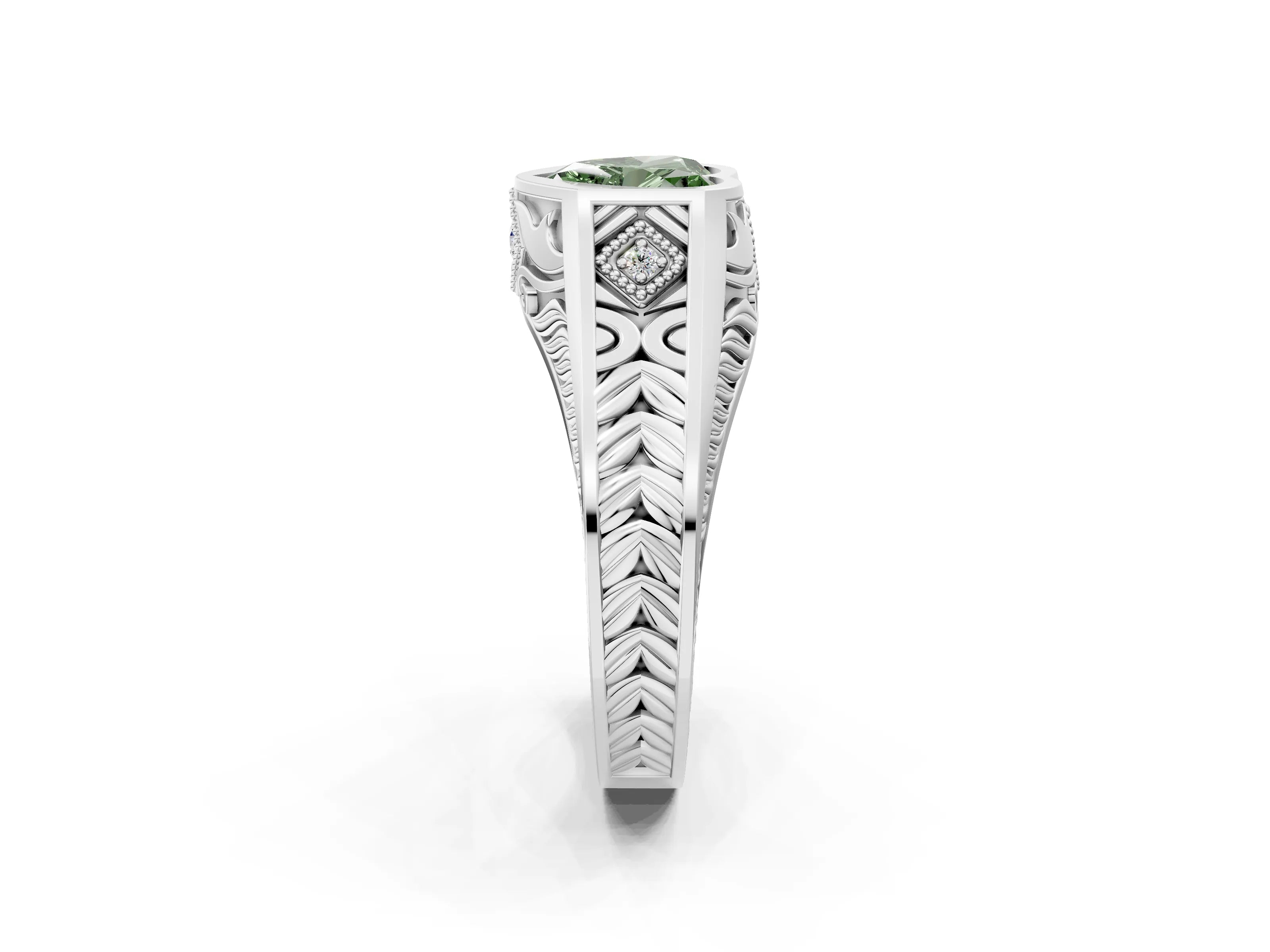 White gold Hexagonal Bezel Fancy Green Heart Cut Diamond Engraved Band Prong Ring_2