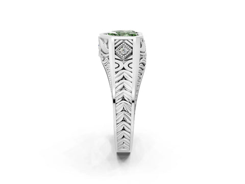 White gold Hexagonal Bezel Fancy Green Heart Cut Diamond Engraved Band Prong Ring_2