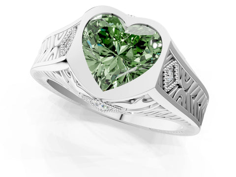White gold Hexagonal Bezel Fancy Green Heart Cut Diamond Engraved Band Prong Ring_31