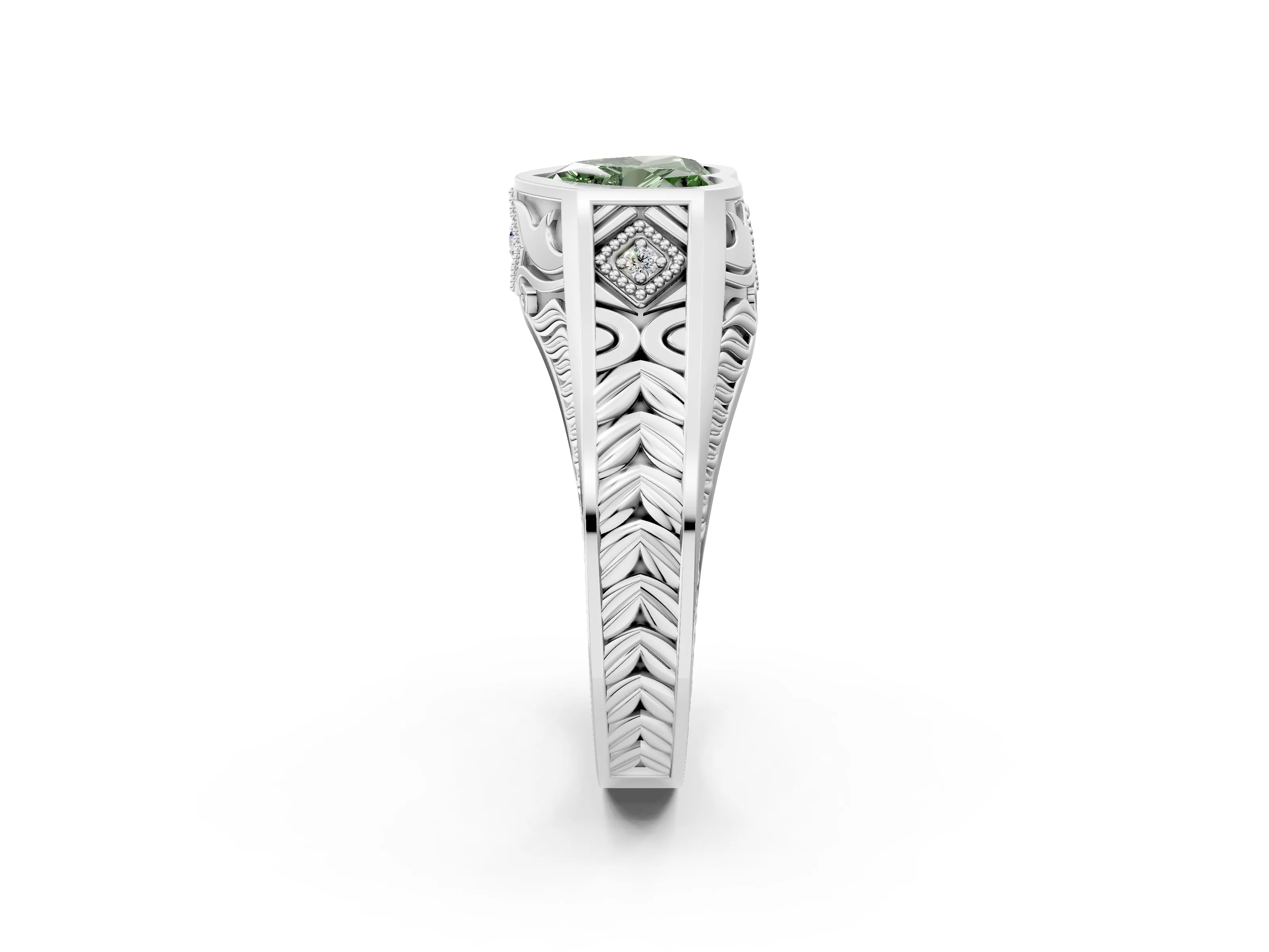 White gold Hexagonal Bezel Fancy Green Heart Cut Diamond Engraved Band Prong Ring_32