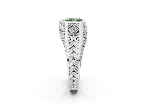 White gold Hexagonal Bezel Fancy Green Heart Cut Diamond Engraved Band Prong Ring_32