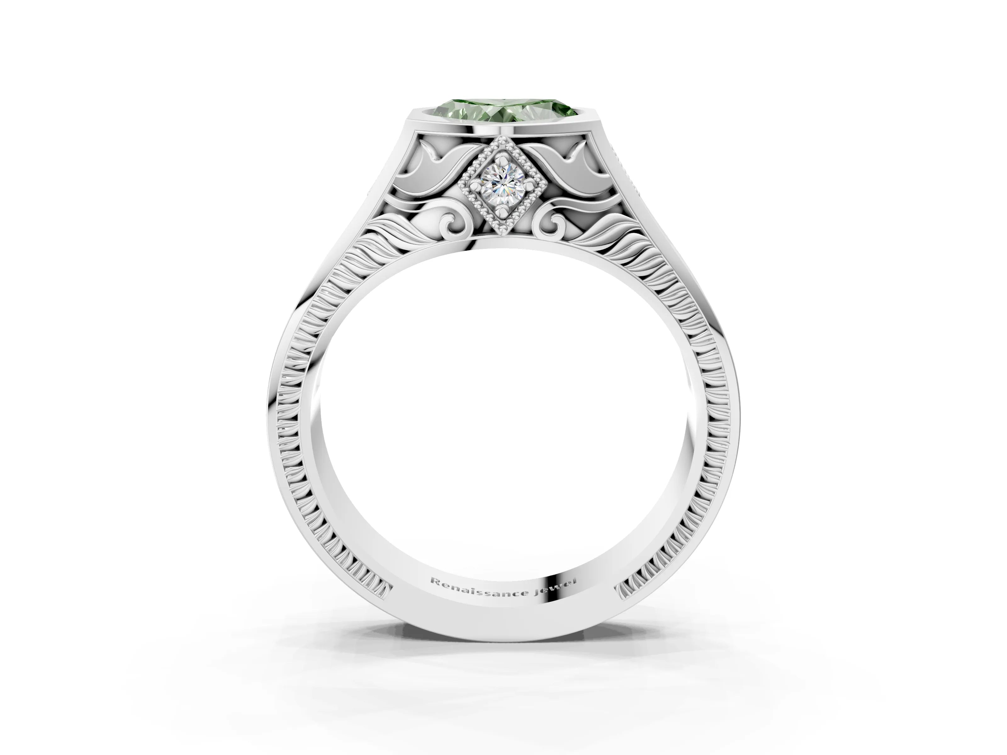 White gold Hexagonal Bezel Fancy Green Heart Cut Diamond Engraved Band Prong Ring_33