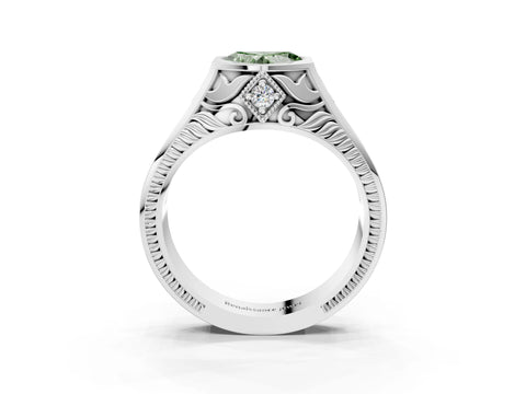 White gold Hexagonal Bezel Fancy Green Heart Cut Diamond Engraved Band Prong Ring_33