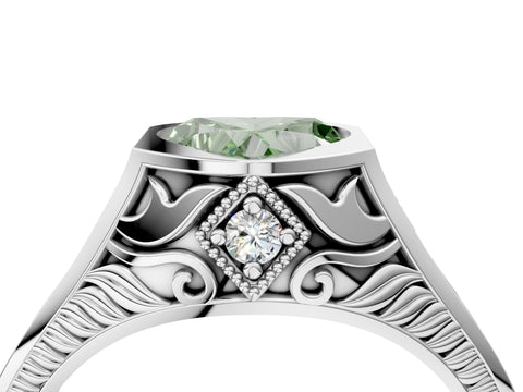 White gold Hexagonal Bezel Fancy Green Heart Cut Diamond Engraved Band Prong Ring_34