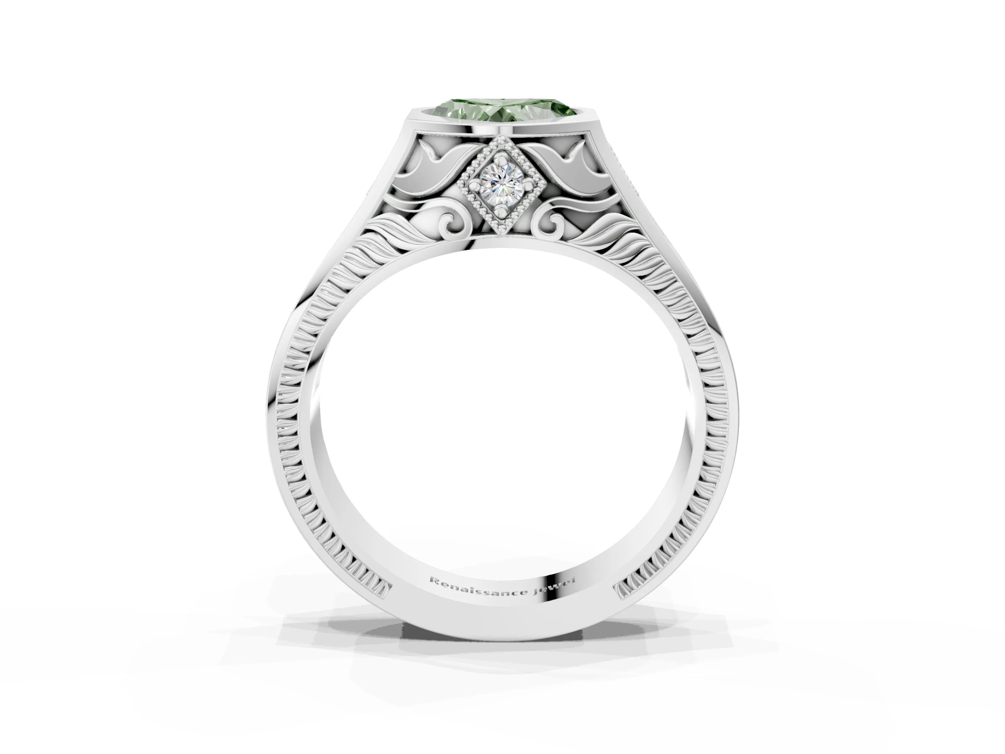 White gold Hexagonal Bezel Fancy Green Heart Cut Diamond Engraved Band Prong Ring_3