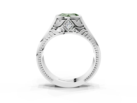 White gold Hexagonal Bezel Fancy Green Heart Cut Diamond Engraved Band Prong Ring_3