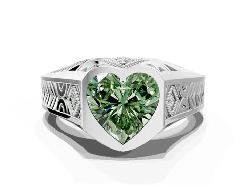 White gold Hexagonal Bezel Fancy Green Heart Cut Diamond Engraved Band Prong Ring