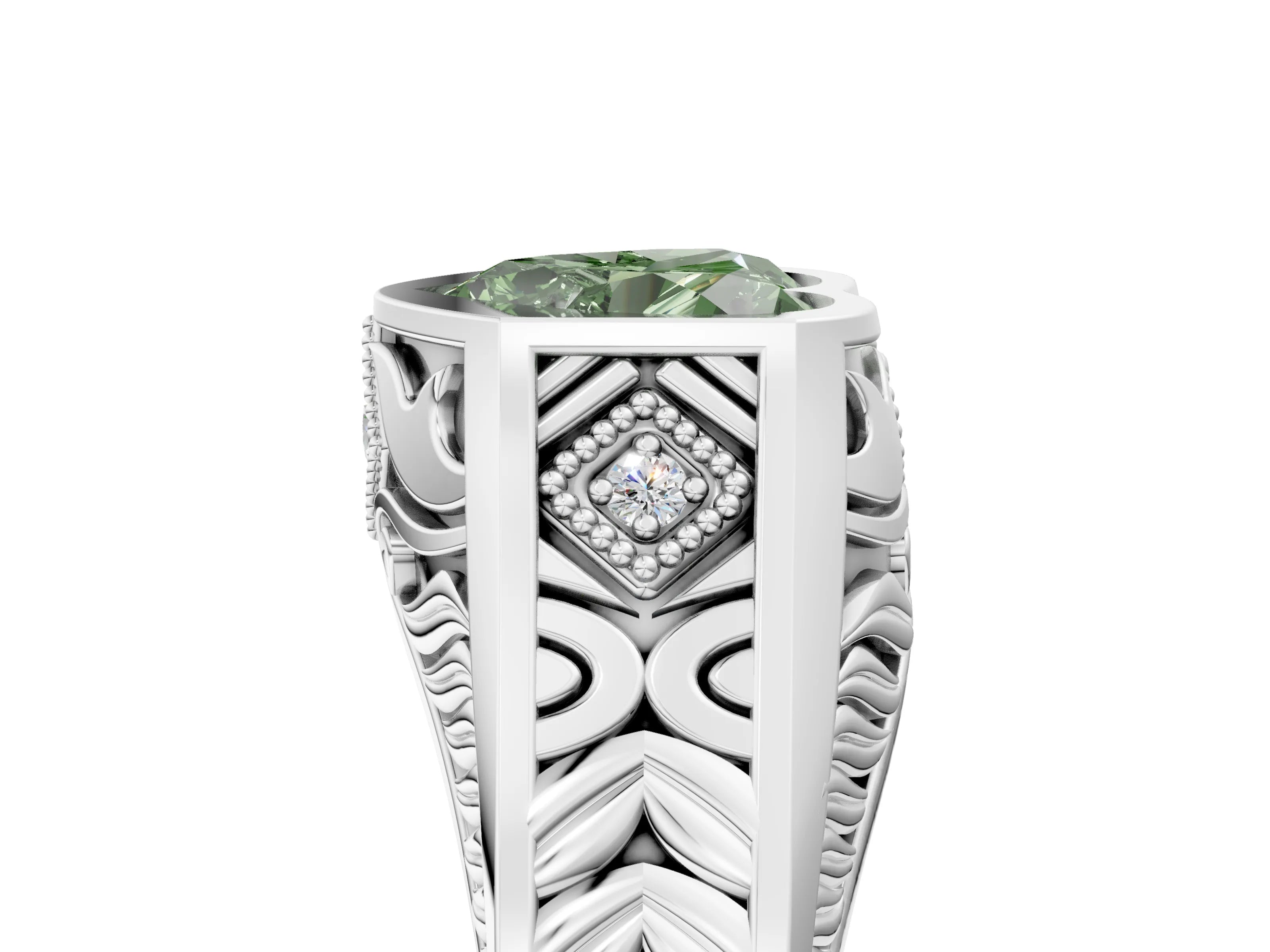 White gold Hexagonal Bezel Fancy Green Heart Cut Diamond Engraved Band Prong Ring_5