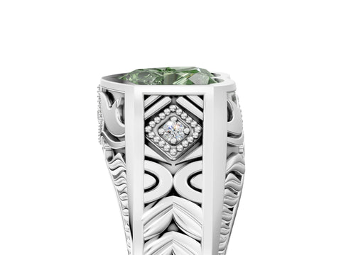 White gold Hexagonal Bezel Fancy Green Heart Cut Diamond Engraved Band Prong Ring_5