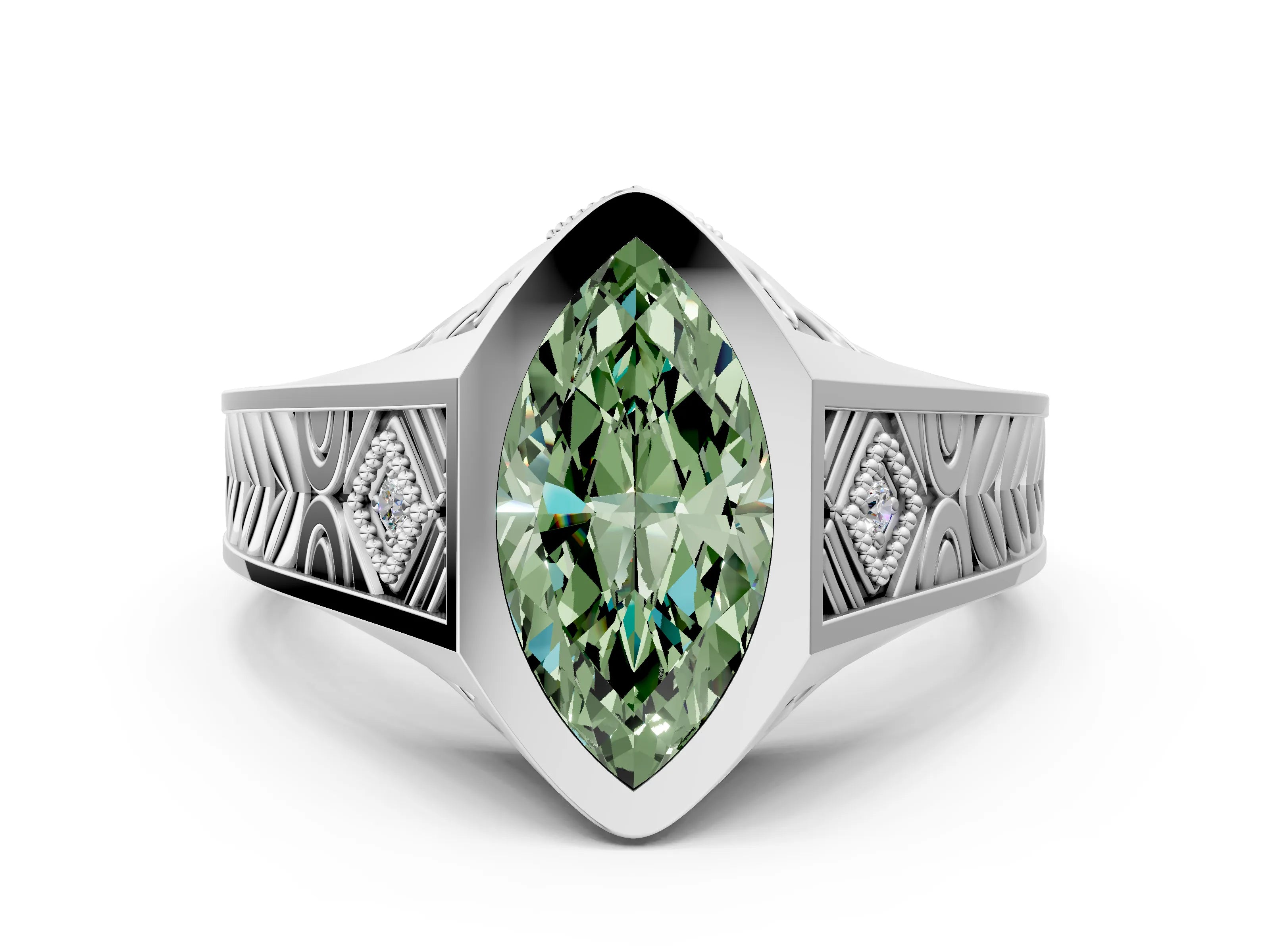 White gold Hexagonal Bezel Fancy Green Marquise Cut Diamond Engraved Band Prong Ring_24