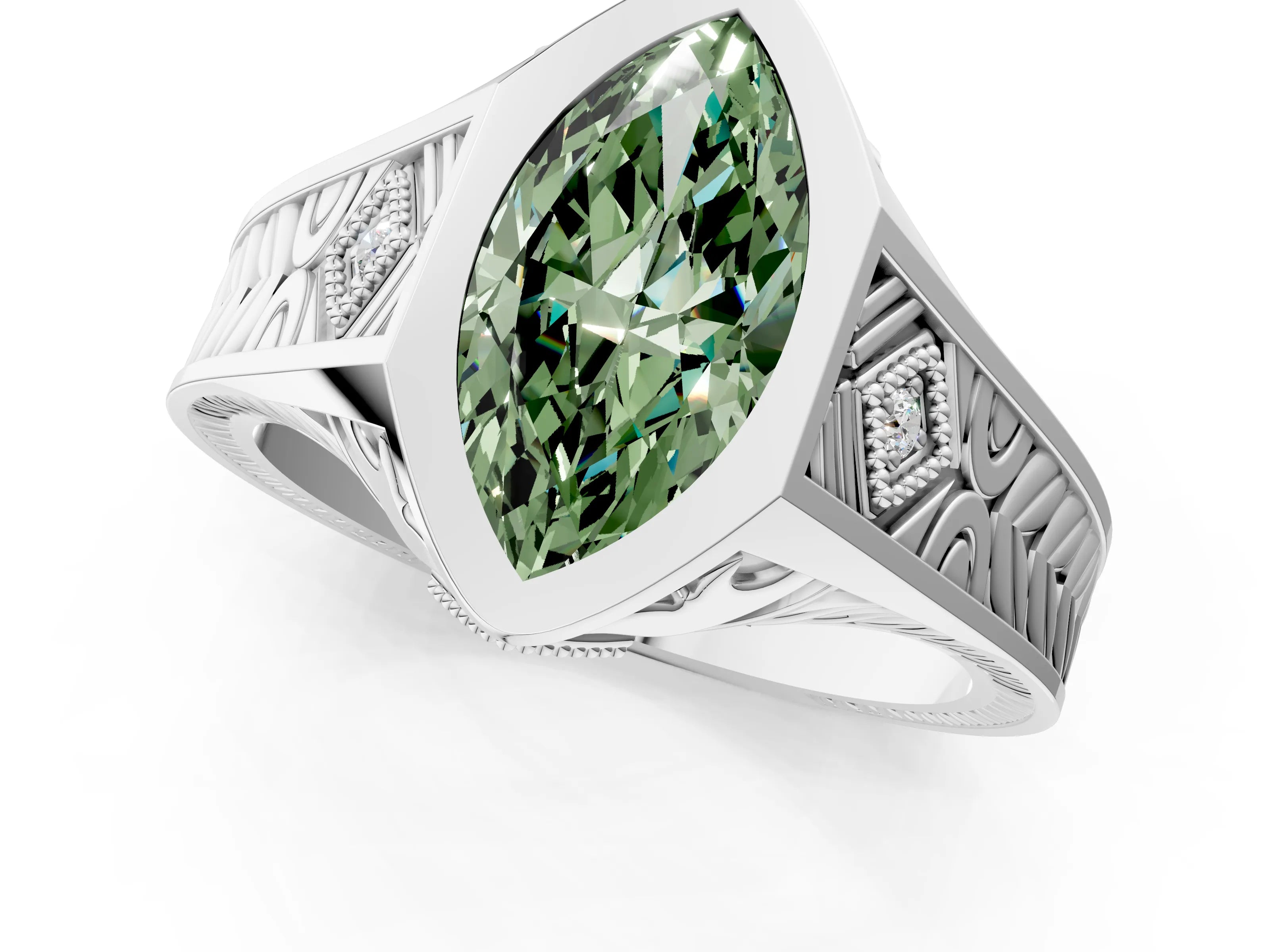 White gold Hexagonal Bezel Fancy Green Marquise Cut Diamond Engraved Band Prong Ring_25