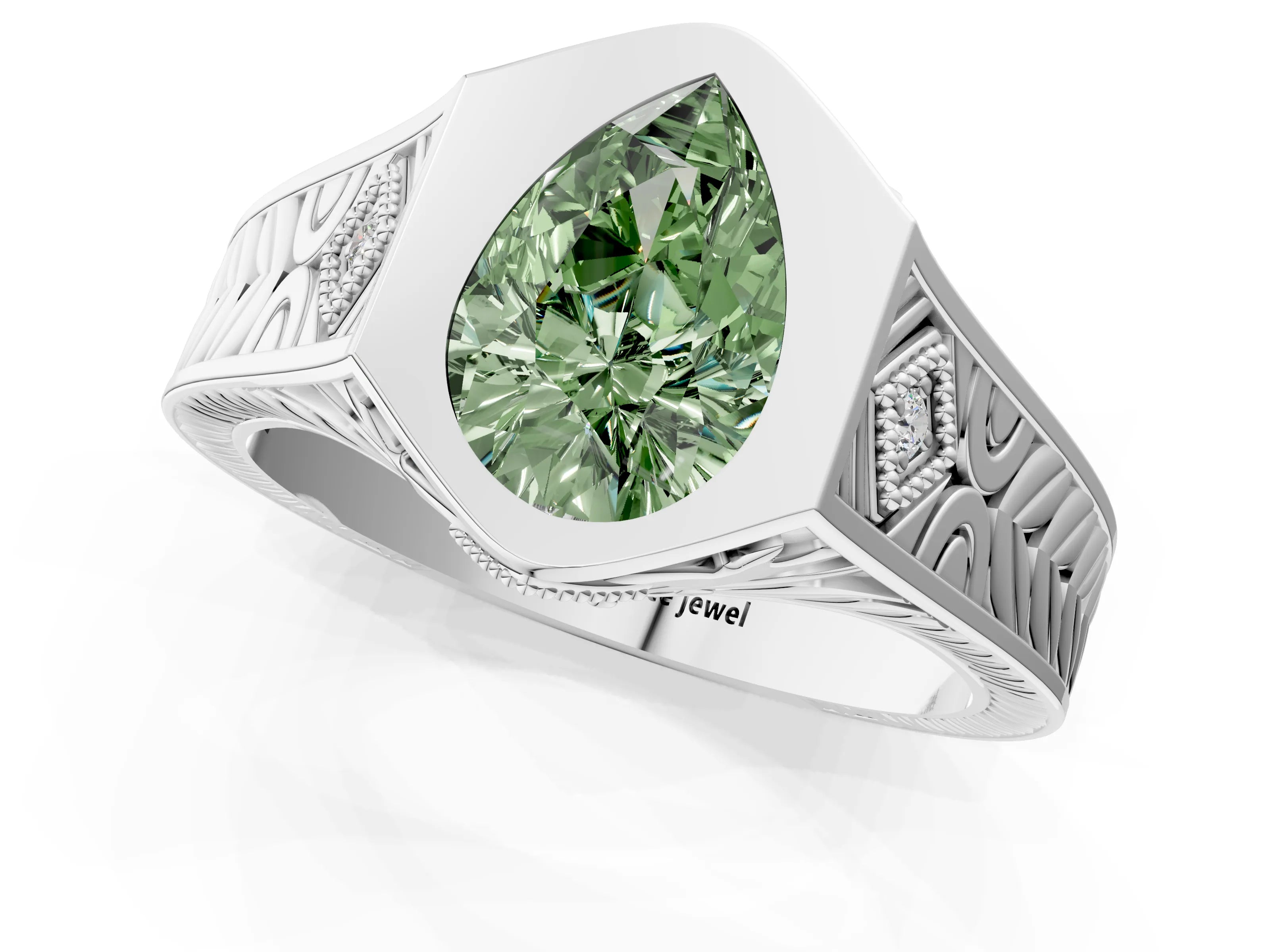 White gold Hexagonal Bezel Fancy Green Pear Cut Diamond Engraved Band Prong Ring_1