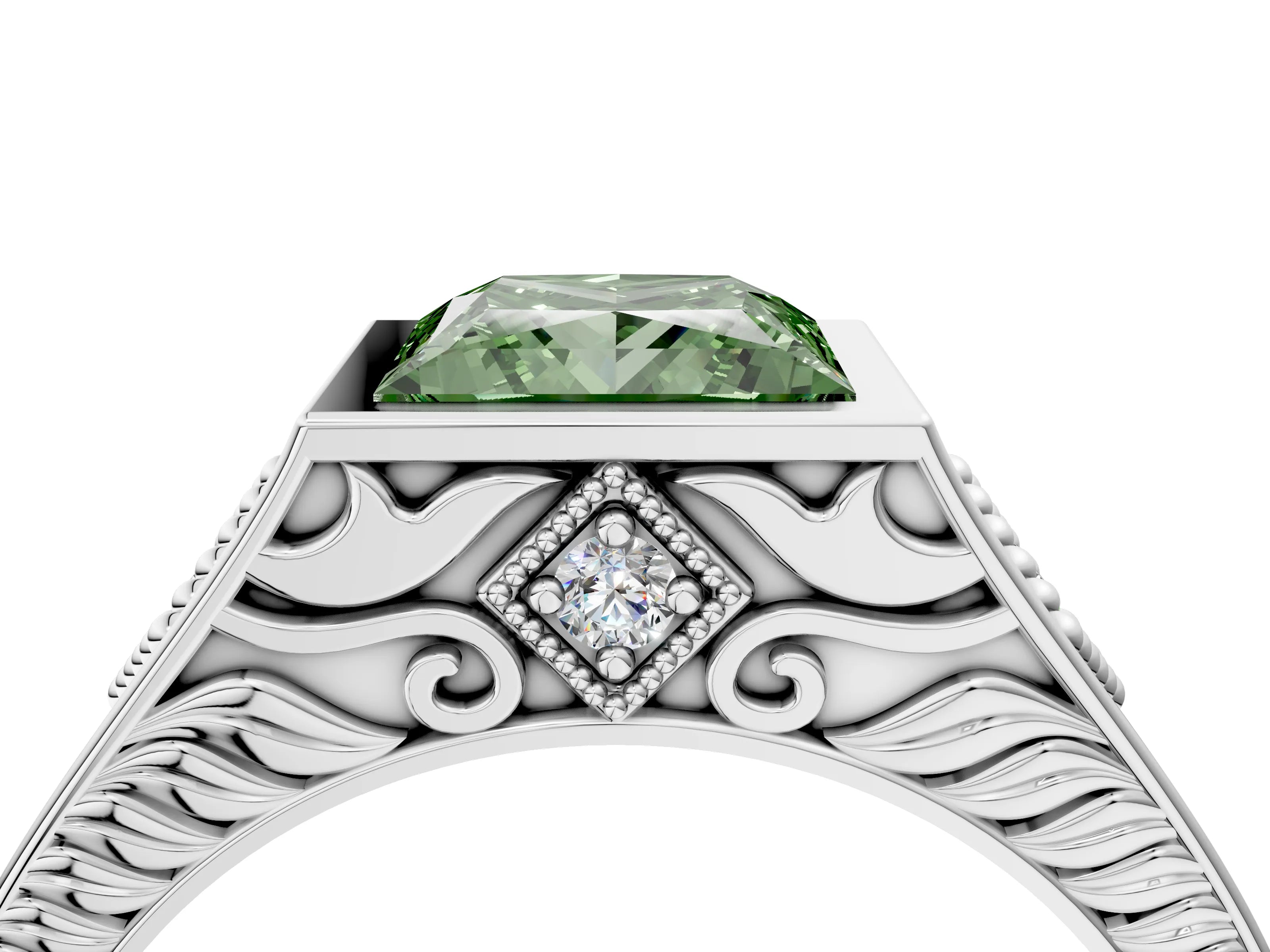 White gold Hexagonal Bezel Fancy Green Princess Cut Diamond Engraved Band Prong Ring_4