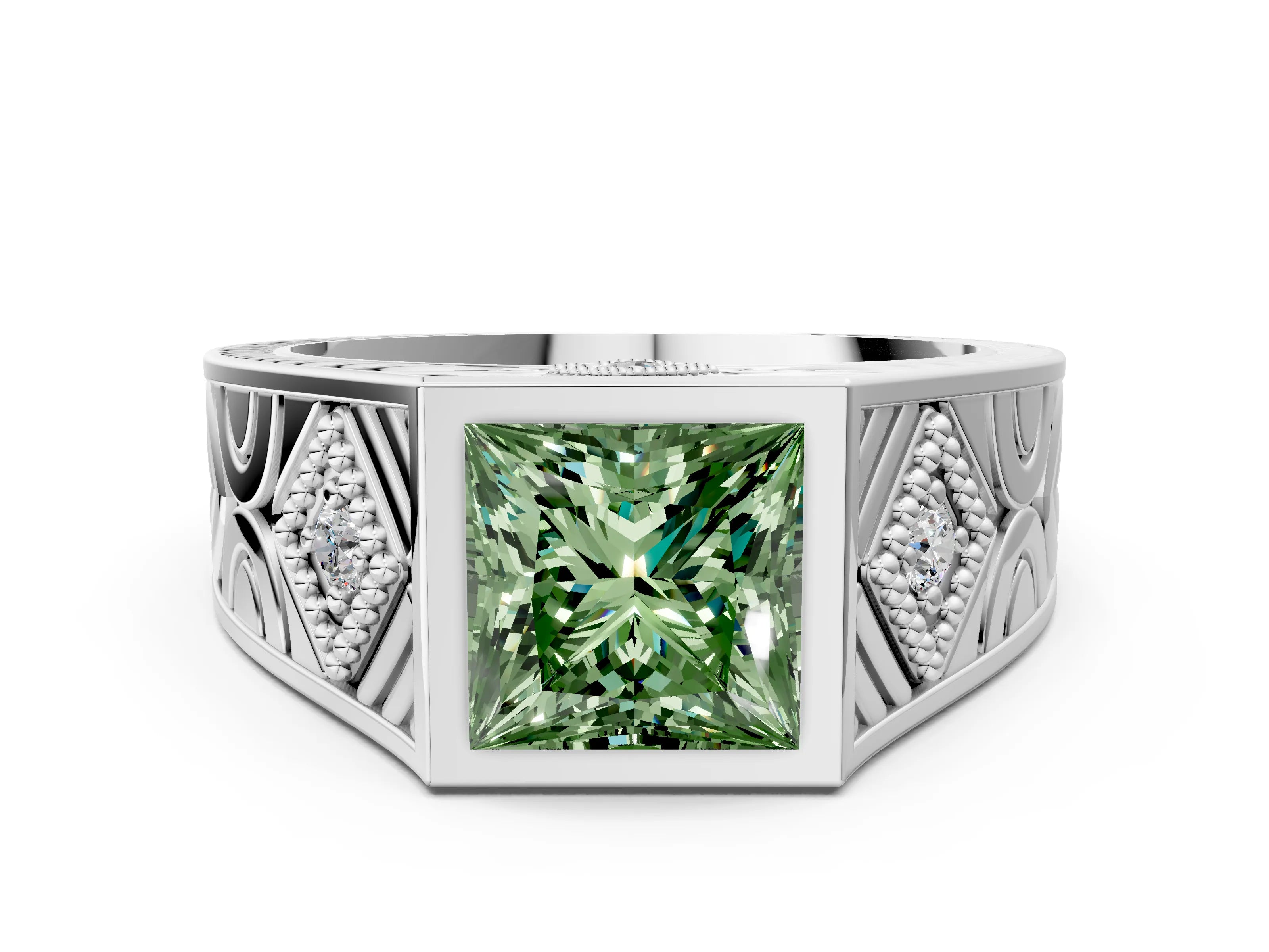 White gold Hexagonal Bezel Fancy Green Princess Cut Diamond Engraved Band Prong Ring