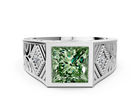 White gold Hexagonal Bezel Fancy Green Princess Cut Diamond Engraved Band Prong Ring