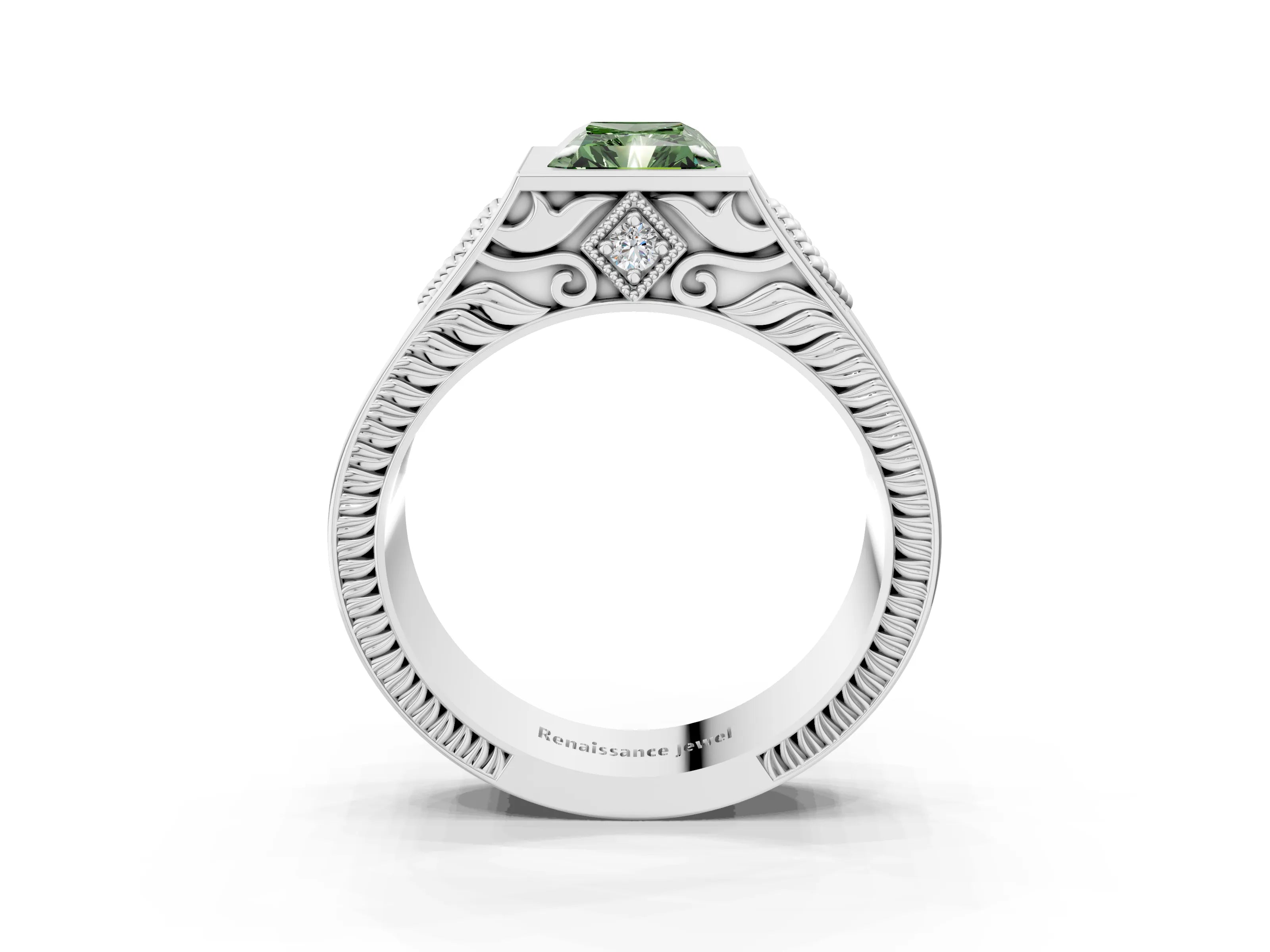 White gold Hexagonal Bezel Fancy Green Radiant Cut Diamond Engraved Band Prong Ring_3