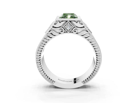 White gold Hexagonal Bezel Fancy Green Radiant Cut Diamond Engraved Band Prong Ring_3