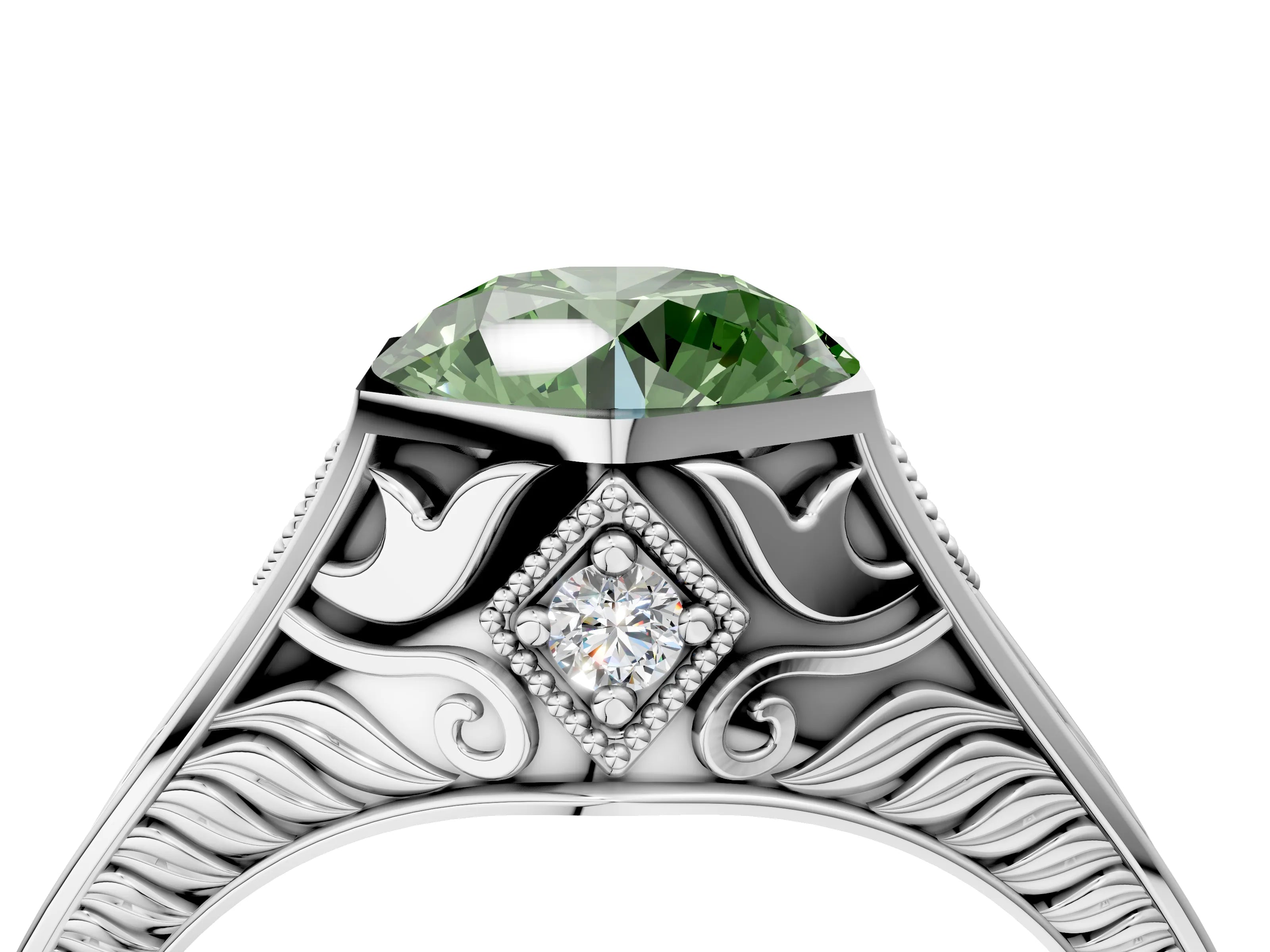 White gold Hexagonal Bezel Fancy Green Round Cut Diamond Engraved Band Prong Ring_4