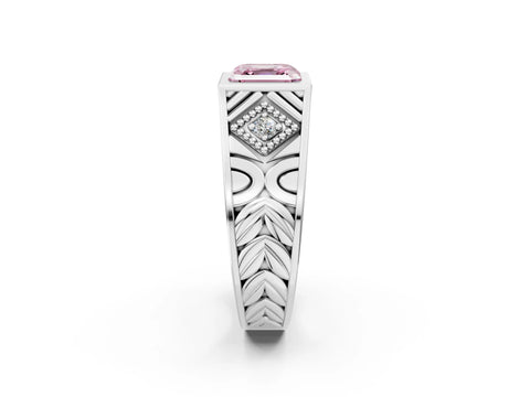 White gold Hexagonal Bezel Fancy Pink Asscher Cut Diamond Engraved Band Prong Ring_2