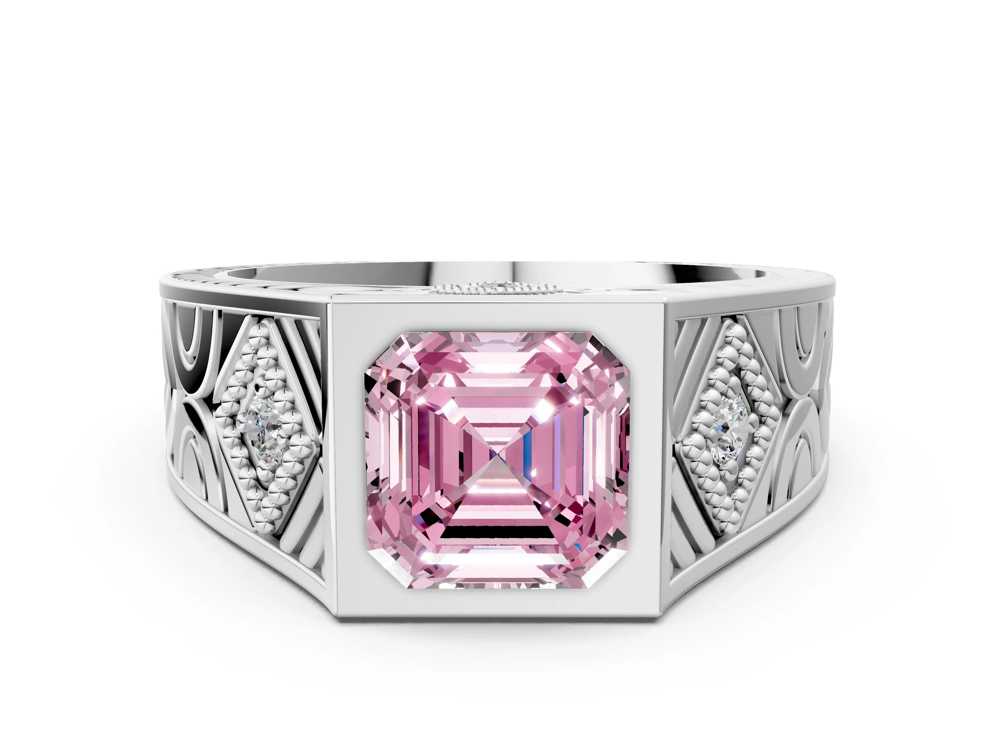White gold Hexagonal Bezel Fancy Pink Asscher Cut Diamond Engraved Band Prong Ring