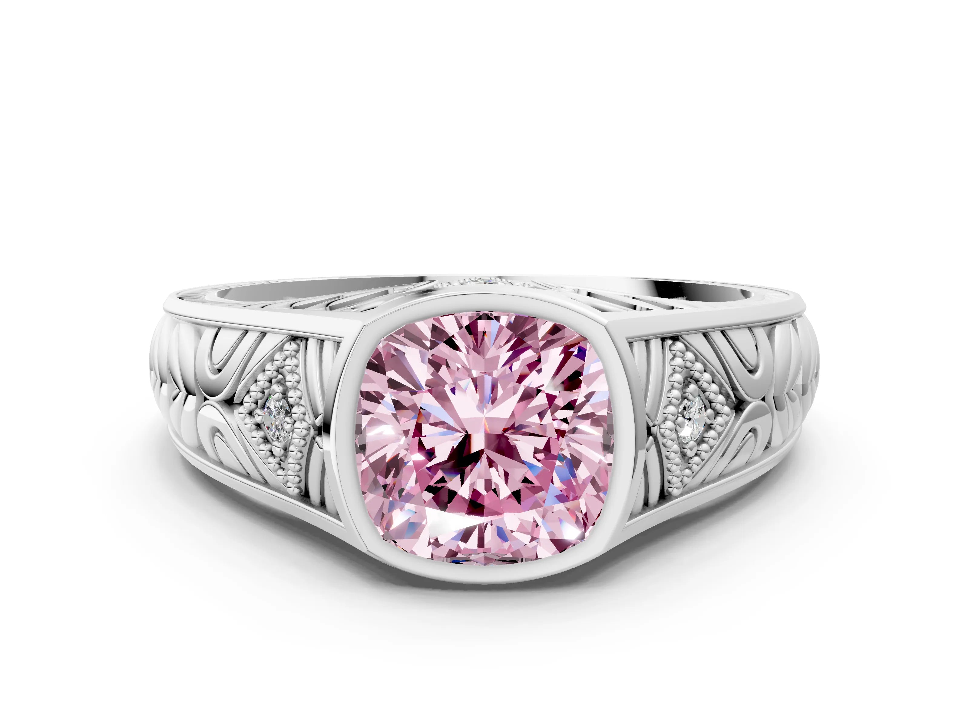 White gold Hexagonal Bezel Fancy Pink Cushion Cut Diamond Engraved Band Prong Ring_12
