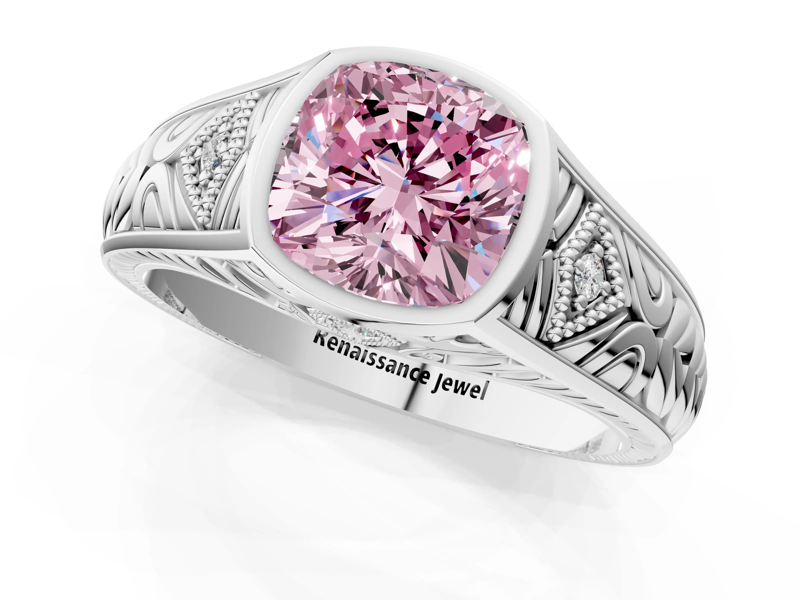 White gold Hexagonal Bezel Fancy Pink Cushion Cut Diamond Engraved Band Prong Ring_13