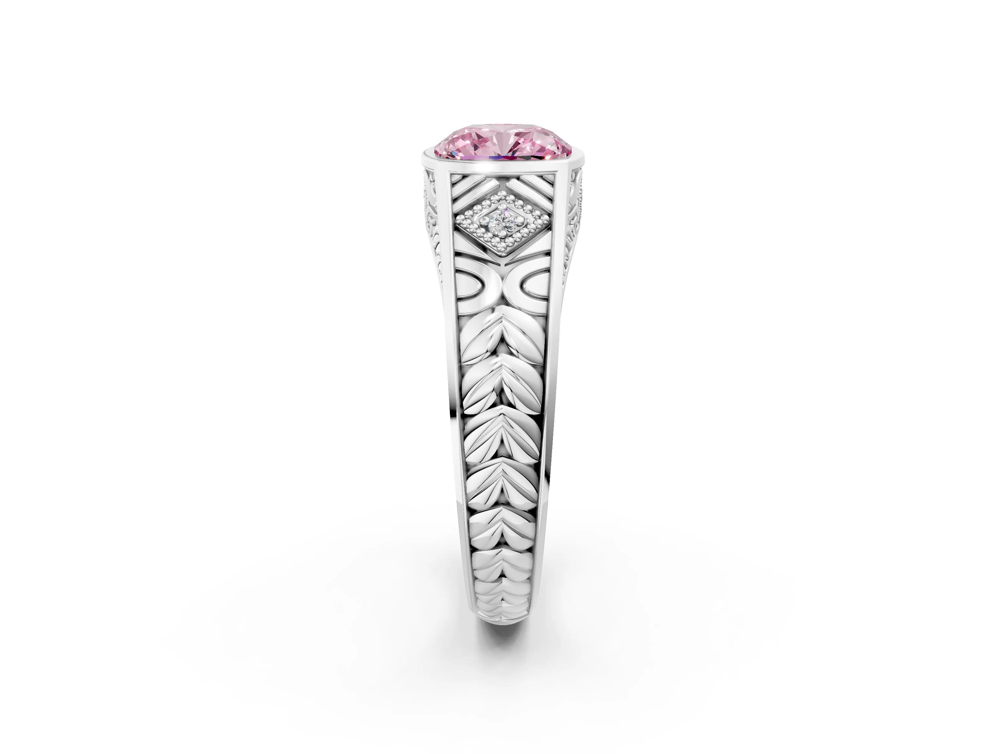 White gold Hexagonal Bezel Fancy Pink Cushion Cut Diamond Engraved Band Prong Ring_14