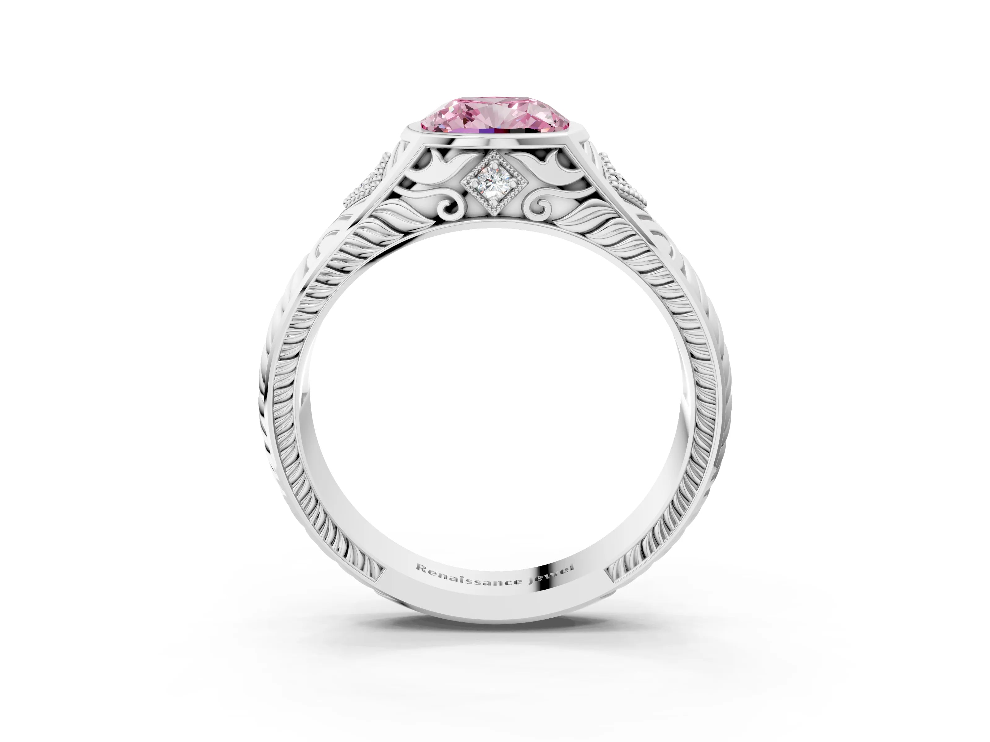 White gold Hexagonal Bezel Fancy Pink Cushion Cut Diamond Engraved Band Prong Ring_15