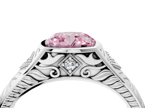 White gold Hexagonal Bezel Fancy Pink Cushion Cut Diamond Engraved Band Prong Ring_16