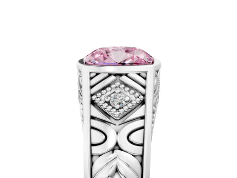 White gold Hexagonal Bezel Fancy Pink Cushion Cut Diamond Engraved Band Prong Ring_17