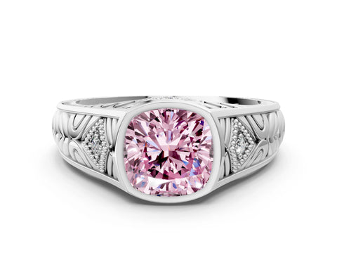 White gold Hexagonal Bezel Fancy Pink Cushion Cut Diamond Engraved Band Prong Ring