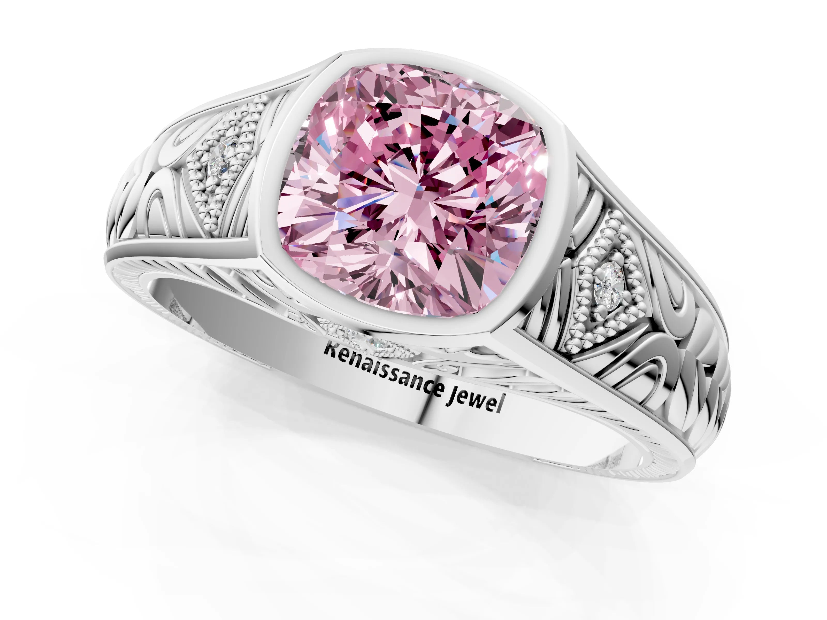White gold Hexagonal Bezel Fancy Pink Cushion Cut Diamond Engraved Band Prong Ring_1