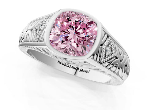 White gold Hexagonal Bezel Fancy Pink Cushion Cut Diamond Engraved Band Prong Ring_1