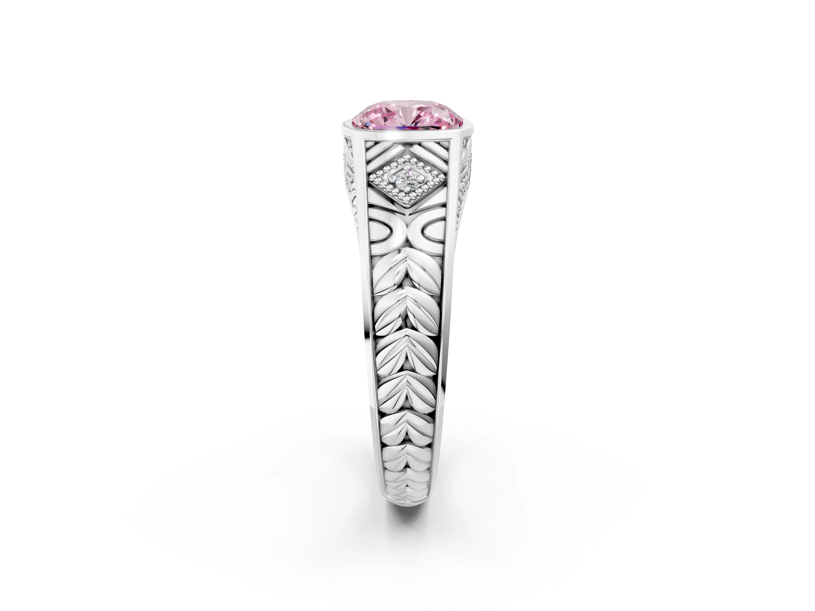 White gold Hexagonal Bezel Fancy Pink Cushion Cut Diamond Engraved Band Prong Ring_2