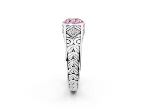 White gold Hexagonal Bezel Fancy Pink Cushion Cut Diamond Engraved Band Prong Ring_2