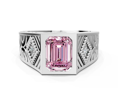 White gold Hexagonal Bezel Fancy Pink Emerald Cut Diamond Engraved Band Prong Ring_24