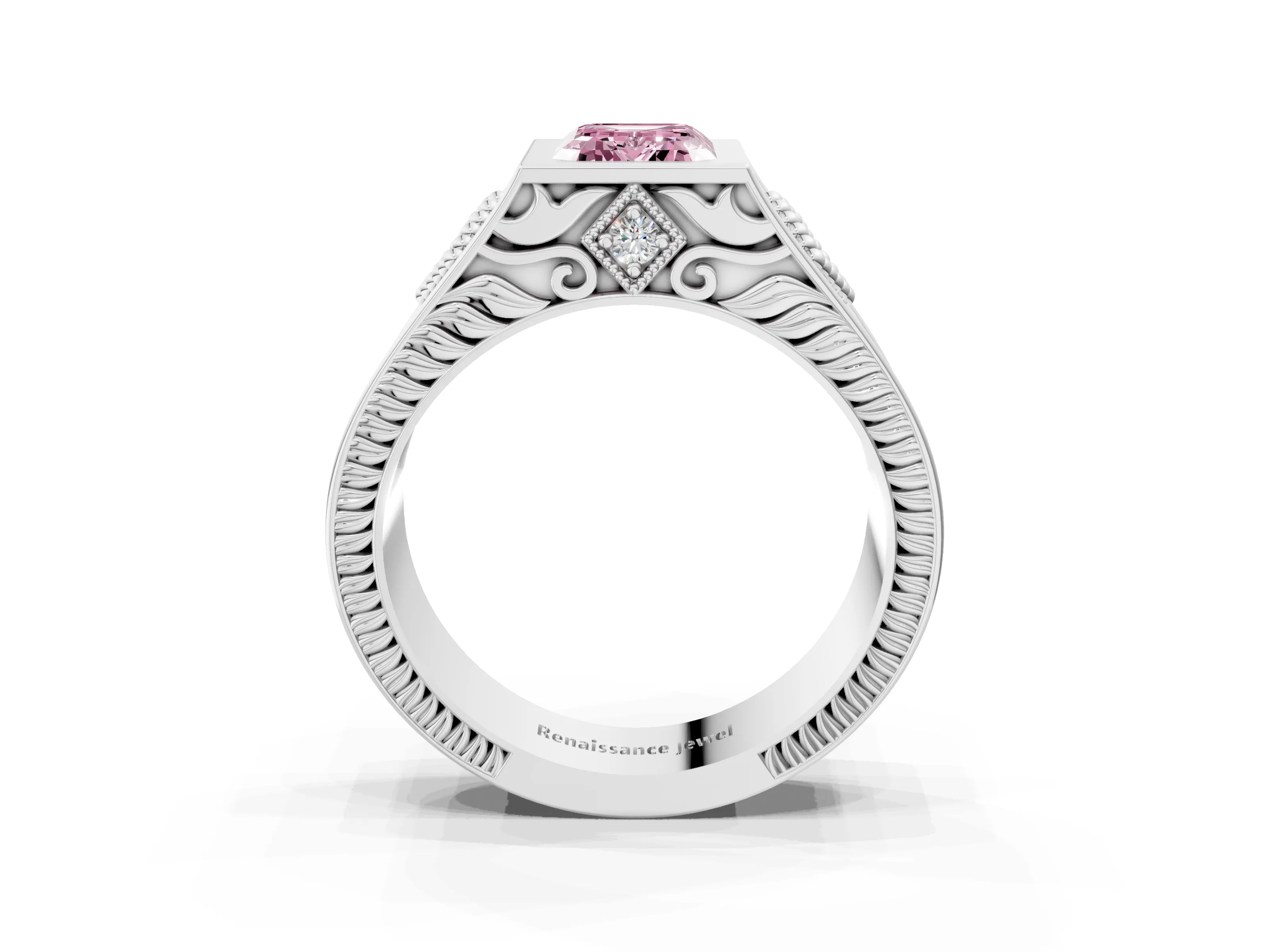White gold Hexagonal Bezel Fancy Pink Emerald Cut Diamond Engraved Band Prong Ring_27