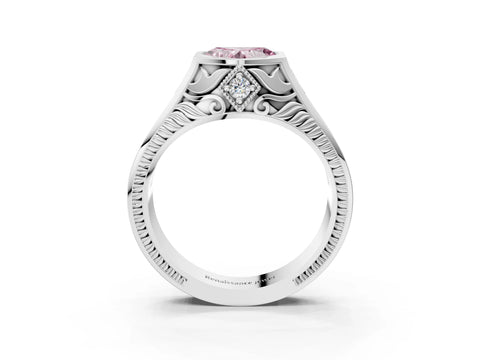 White gold Hexagonal Bezel Fancy Pink Heart Cut Diamond Engraved Band Prong Ring_3