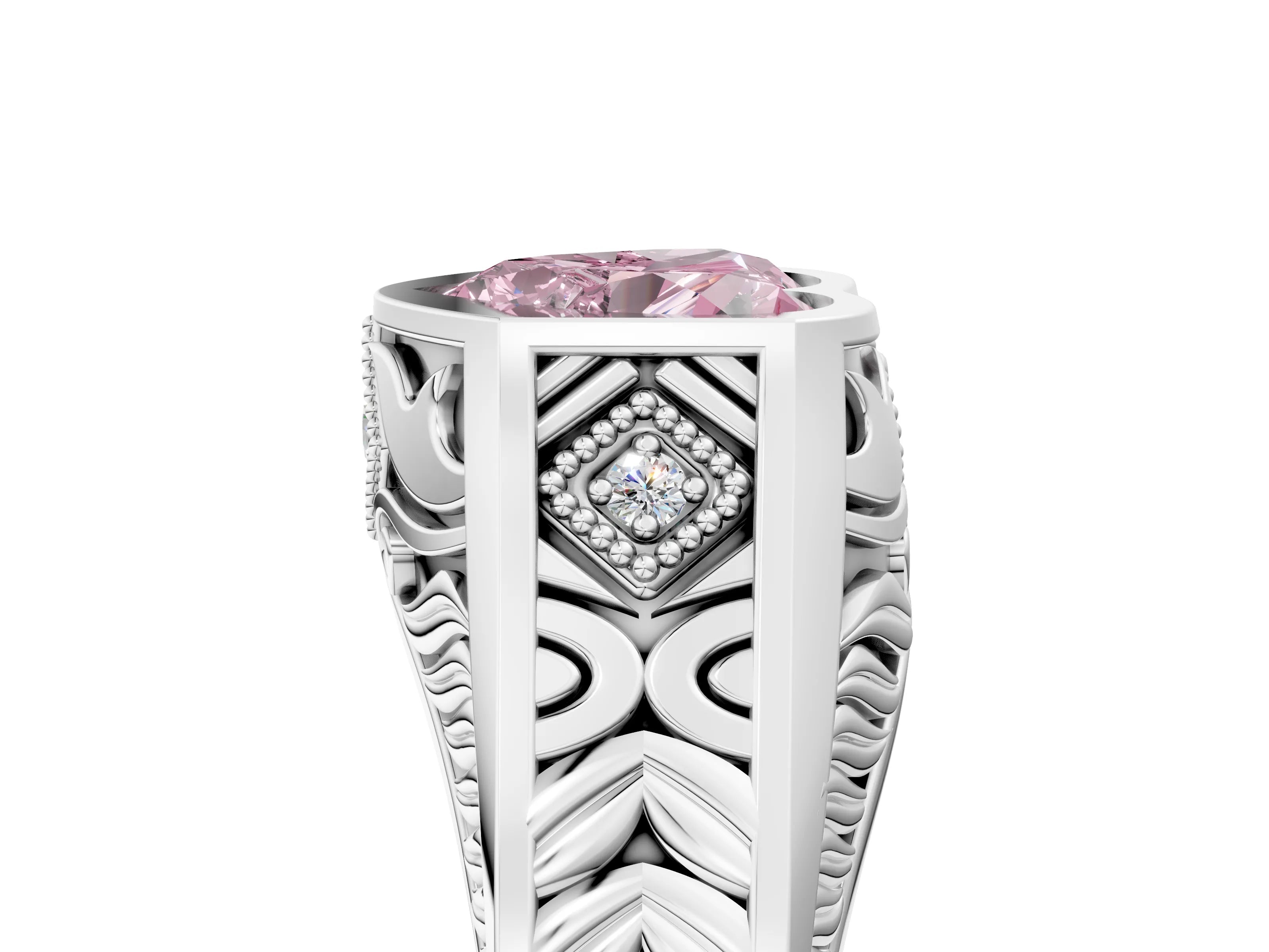 White gold Hexagonal Bezel Fancy Pink Heart Cut Diamond Engraved Band Prong Ring_5