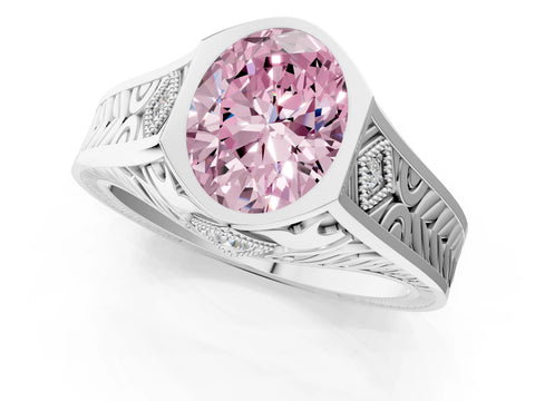 White gold Hexagonal Bezel Fancy Pink Oval Cut Diamond Engraved Band Prong Ring_25