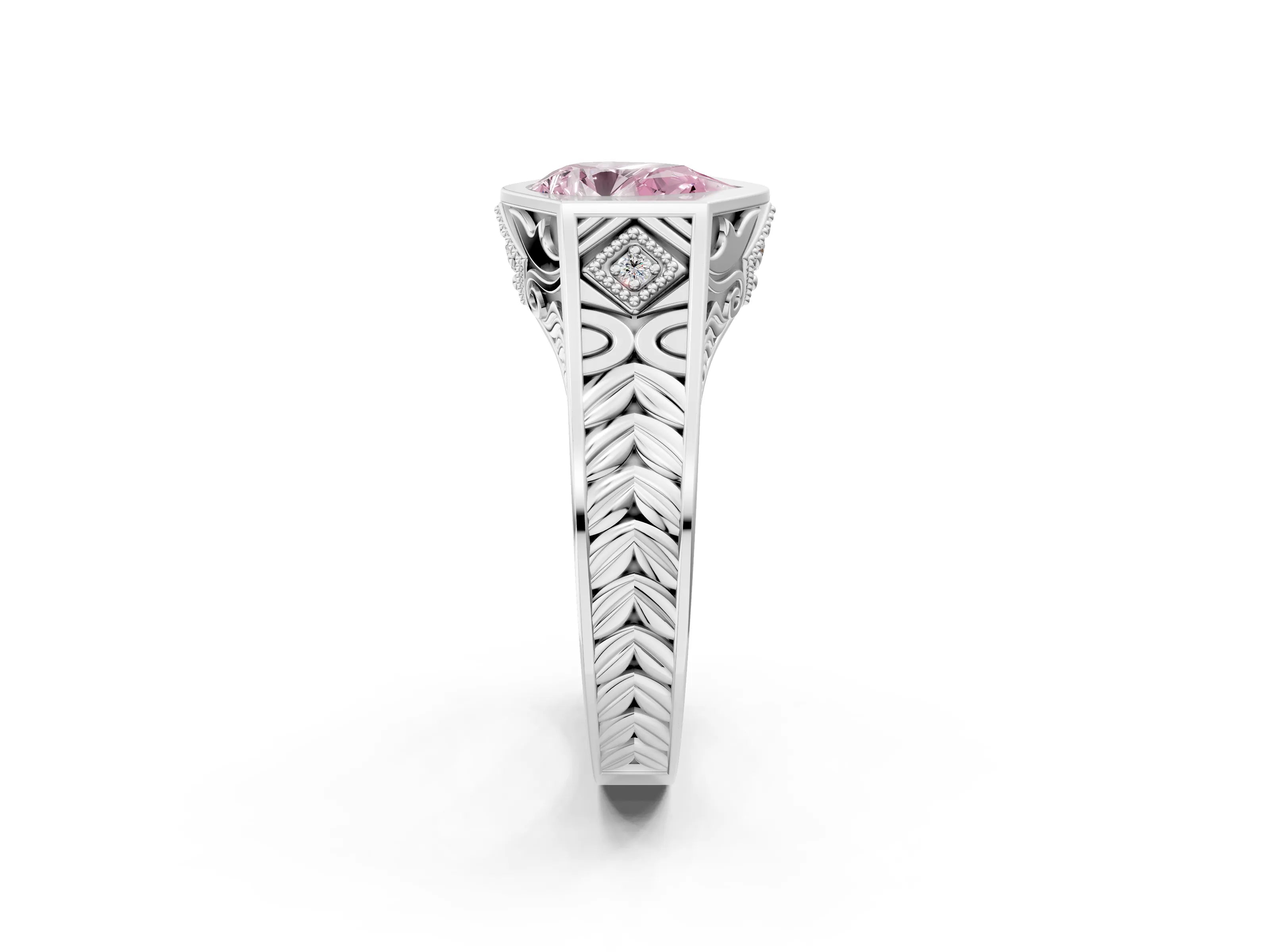 White gold Hexagonal Bezel Fancy Pink Pear Cut Diamond Engraved Band Prong Ring_26