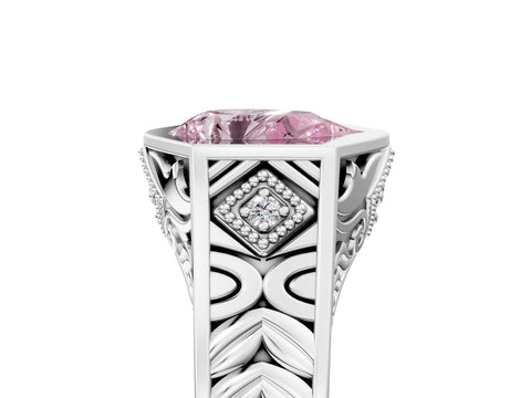 White gold Hexagonal Bezel Fancy Pink Pear Cut Diamond Engraved Band Prong Ring_29