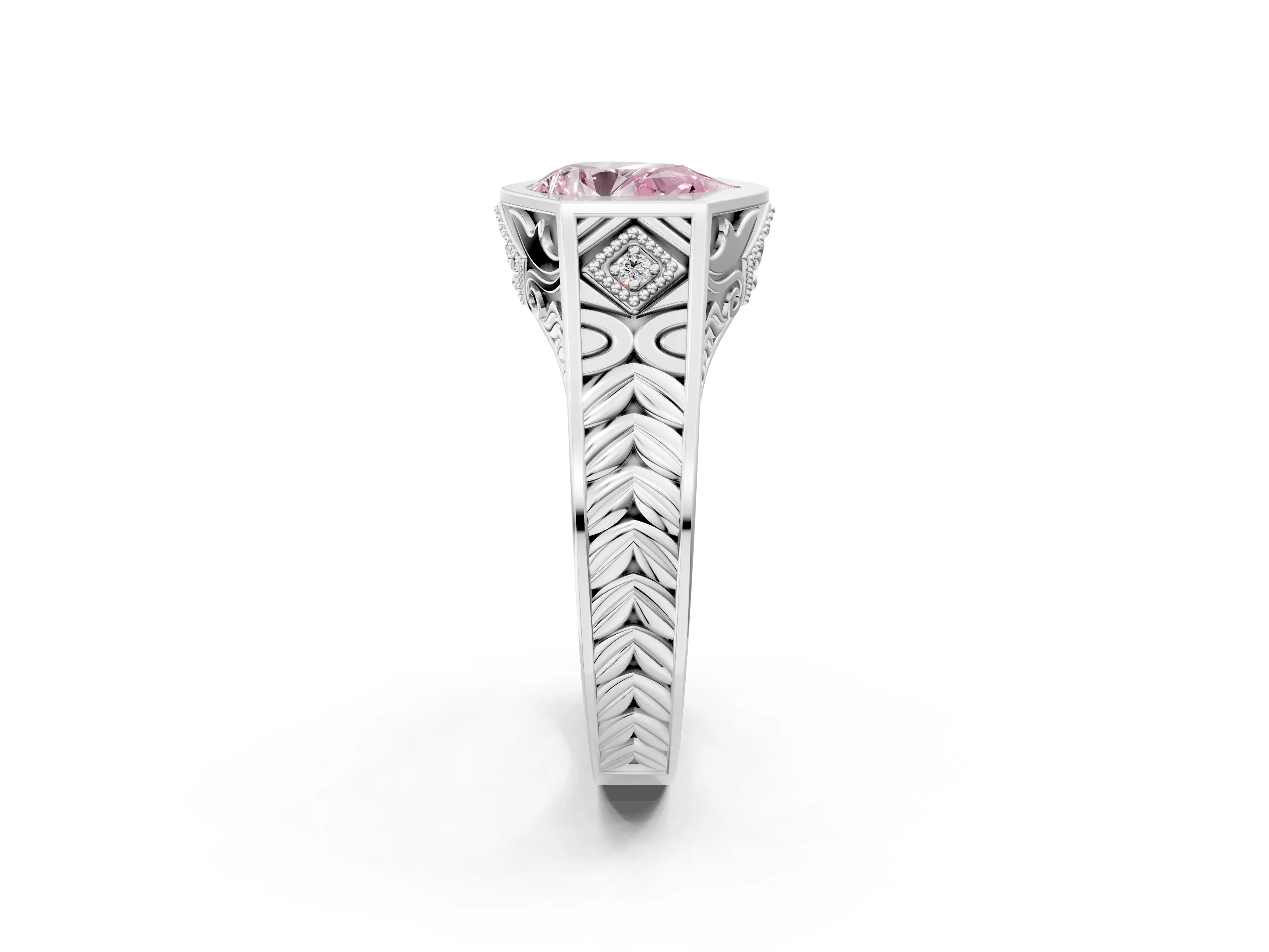 White gold Hexagonal Bezel Fancy Pink Pear Cut Diamond Engraved Band Prong Ring_2