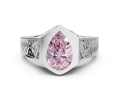 White gold Hexagonal Bezel Fancy Pink Pear Cut Diamond Engraved Band Prong Ring_48