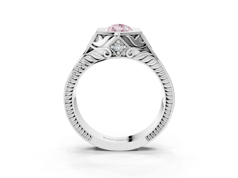 White gold Hexagonal Bezel Fancy Pink Pear Cut Diamond Engraved Band Prong Ring_51