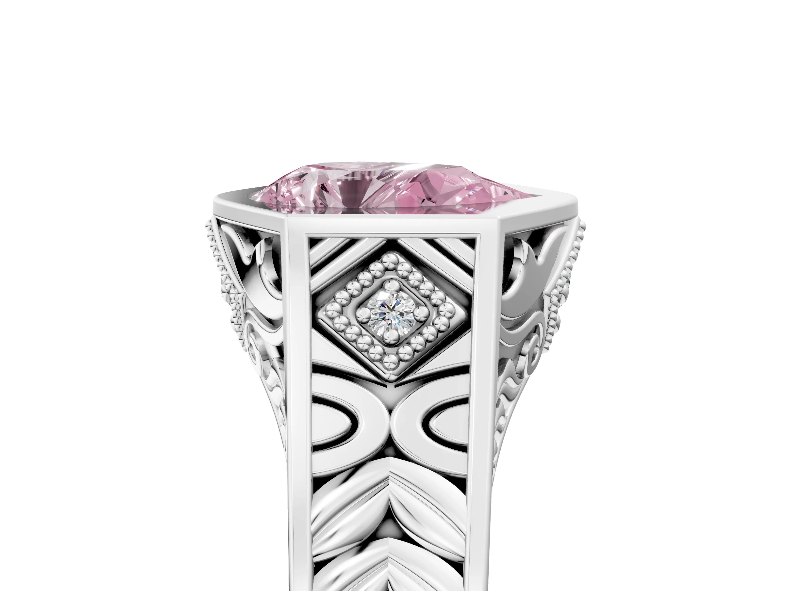 White gold Hexagonal Bezel Fancy Pink Pear Cut Diamond Engraved Band Prong Ring_5