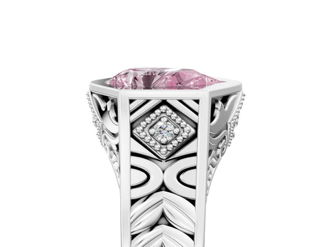 White gold Hexagonal Bezel Fancy Pink Pear Cut Diamond Engraved Band Prong Ring_5