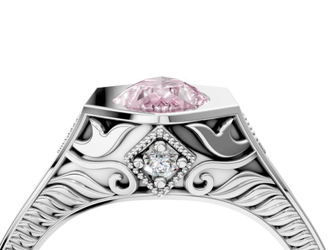 White gold Hexagonal Bezel Fancy Pink Pear Cut Diamond Engraved Band Prong Ring_64
