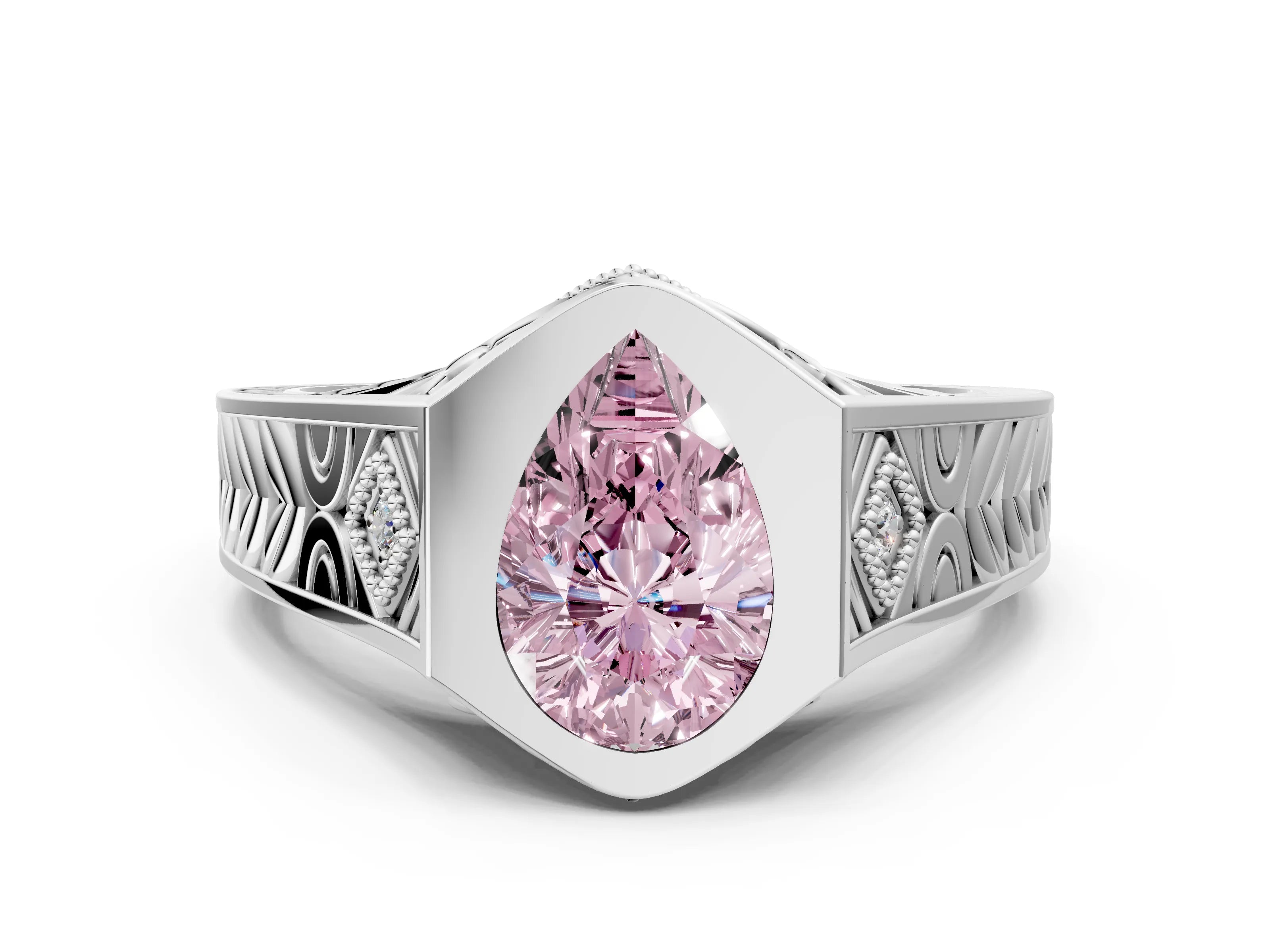 White gold Hexagonal Bezel Fancy Pink Pear Cut Diamond Engraved Band Prong Ring_69